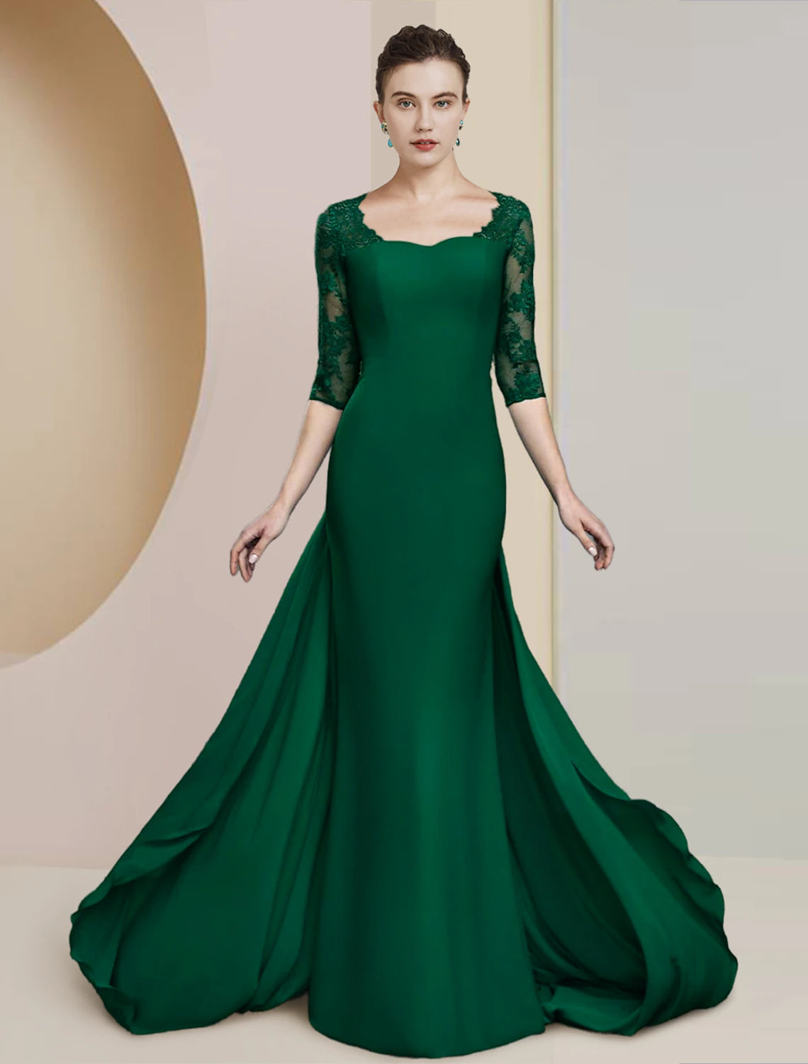 Wholesale Sheath / Column Mother of the Bride Dress Formal Wedding Guest Elegant Scoop Neck Floor Length Chiffon Lace Half Sleeve with Appliques